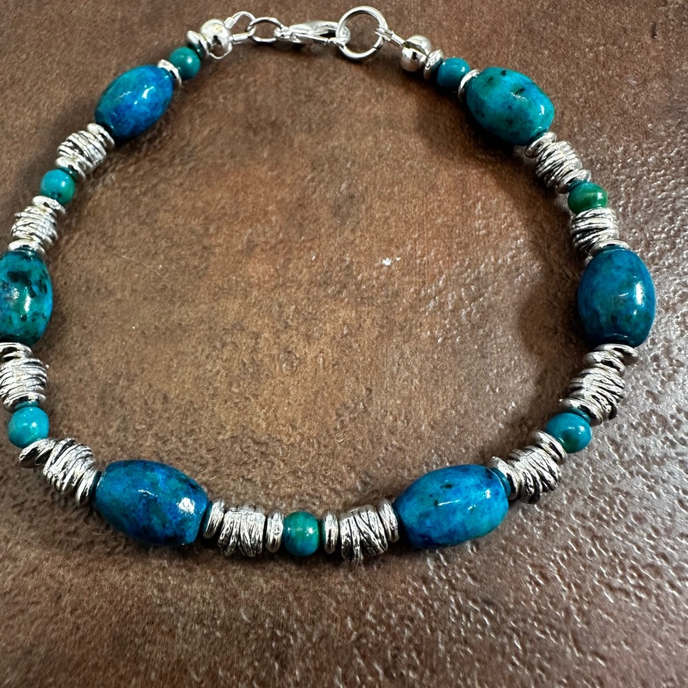 Blue Apatite Beads and Silver Beaded Bracelet.